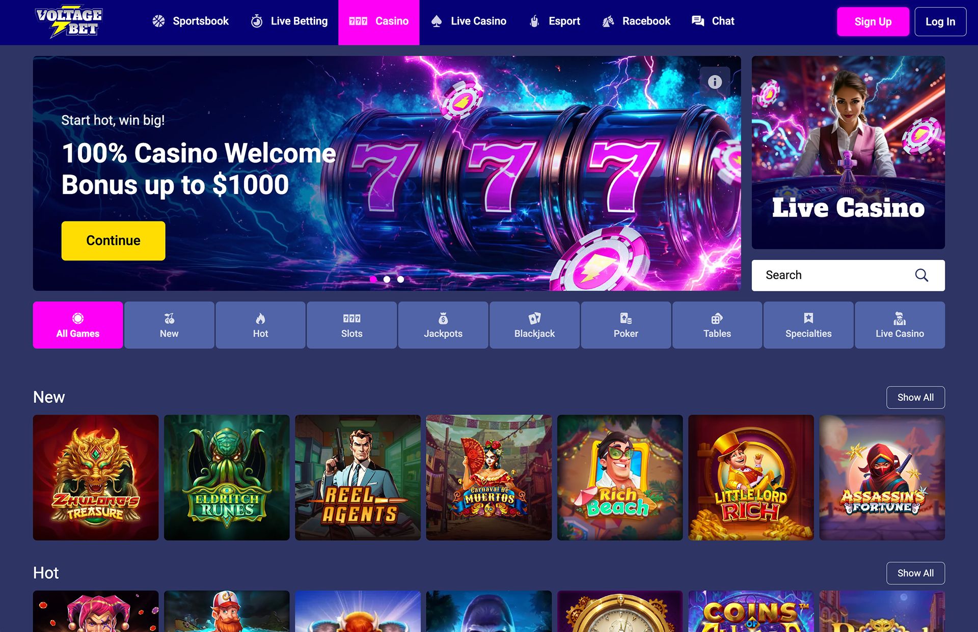 Voltage Bets Casino Games Page Screenshot