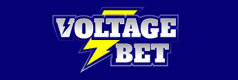 Voltage Bet logo, Silver text and yellow logo on blue background