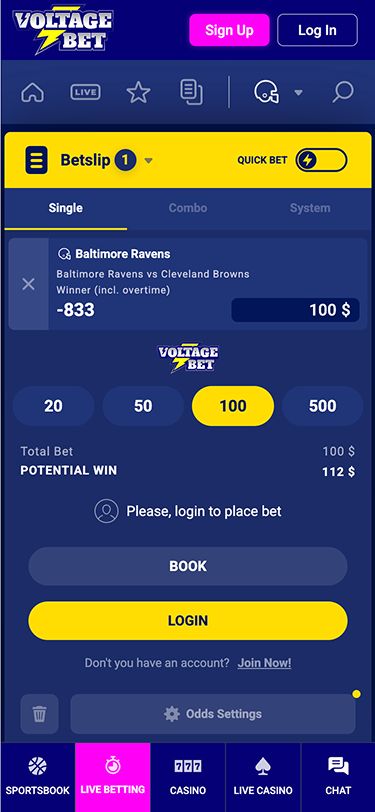 Voltage Bets Mobile Bet Slip Page Screenshot