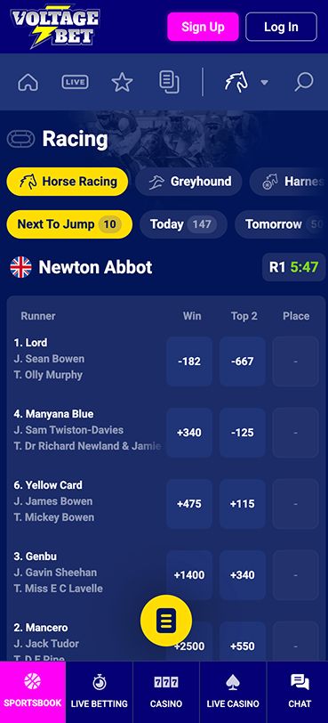 Voltage Bets Mobile Horse Racing Page Screenshot