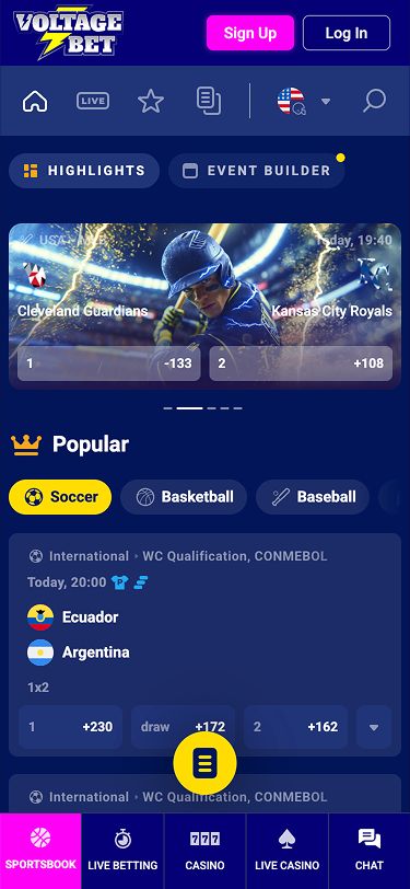 Voltage Bets Mobile Popular Sports Page Screenshot