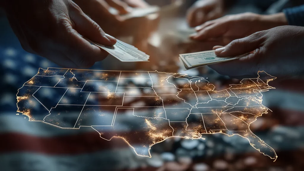 Hands exchanging money over a digital american map