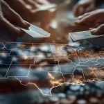 Hands exchanging money over a digital american map