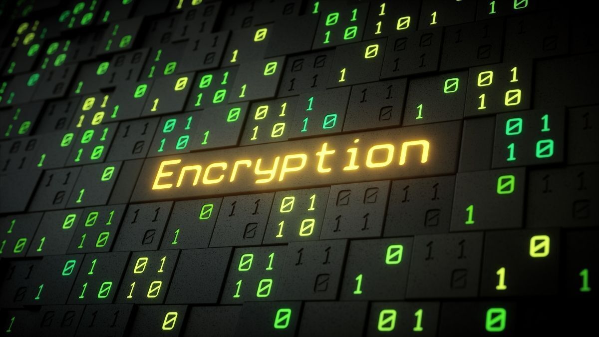 Stock image of digital encryption code with padlock overlay on computer screen