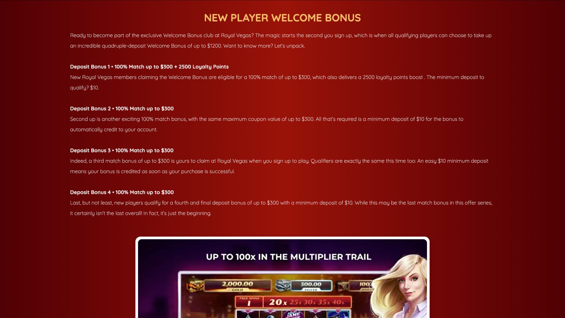 Royal Vegas Casino Welcome Bonus Page Screenshot