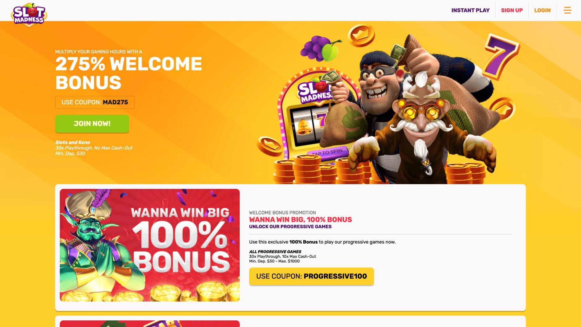 Slots Madness Bonuses Page Screenshot