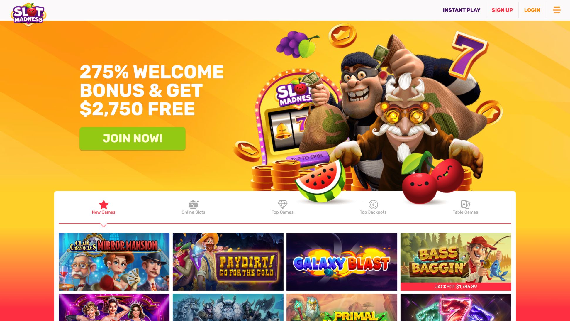 Slot Madness Homepage Screenshot