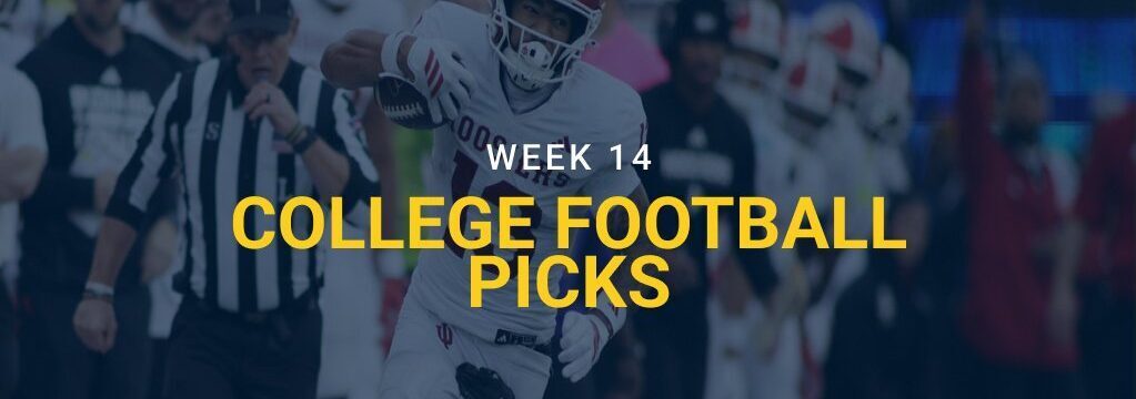 College football player in a white Indiana uniform running with the ball, with Week 14 College Football Picks text overlay and the GamblingSites.com logo.