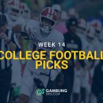 College football player in a white Indiana uniform running with the ball, with Week 14 College Football Picks text overlay and the GamblingSites.com logo.
