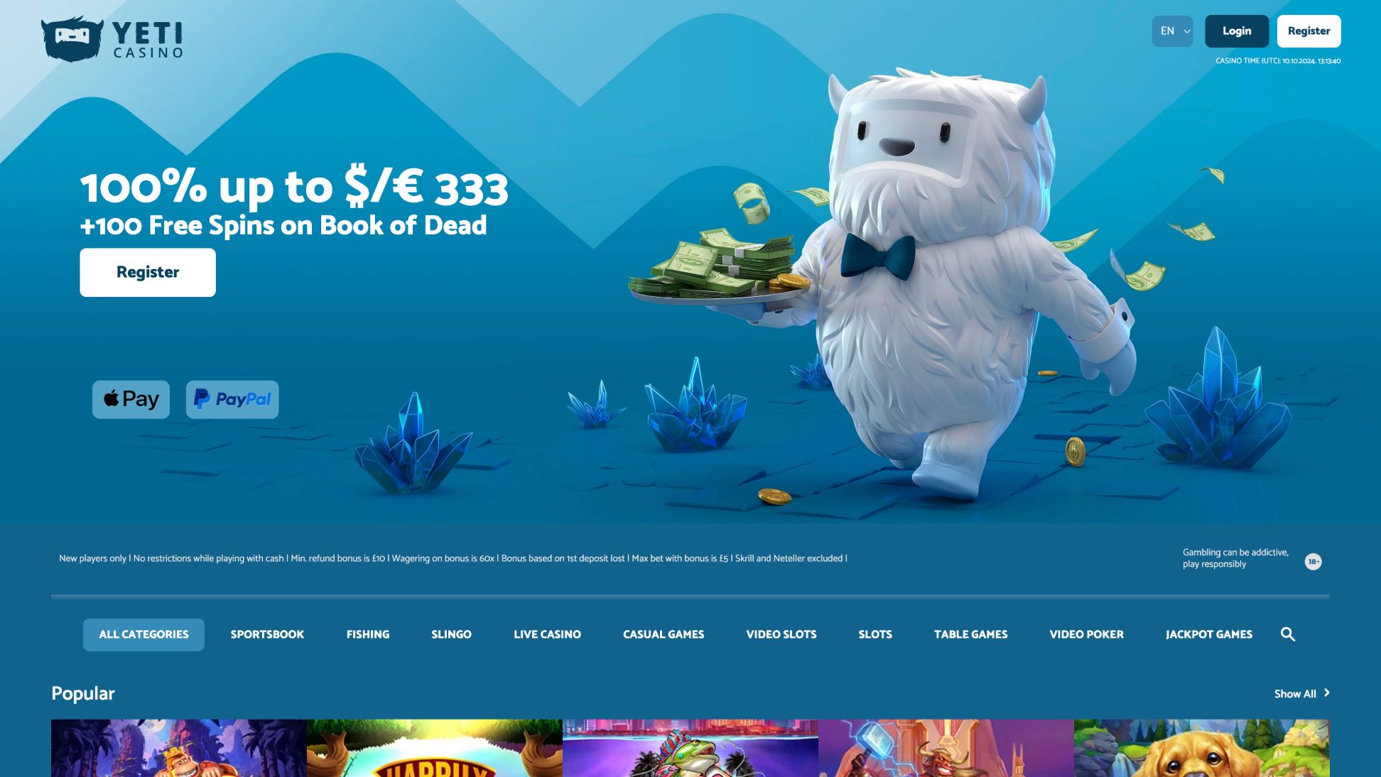 Yeti Casino Homepage Screenshot