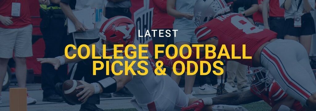 College football players competing in a game with text overlay reading “Latest College Football Picks & Odds” from GamblingSites.com