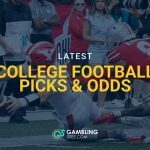 College football players competing in a game with text overlay reading “Latest College Football Picks & Odds” from GamblingSites.com