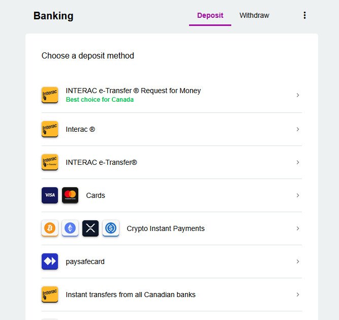 Jackpot City deposits page screenshot