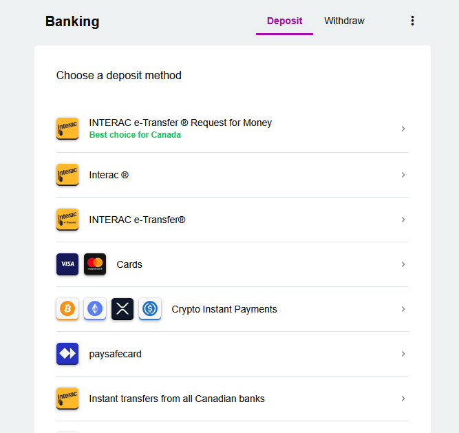Jackpot City deposits page screenshot