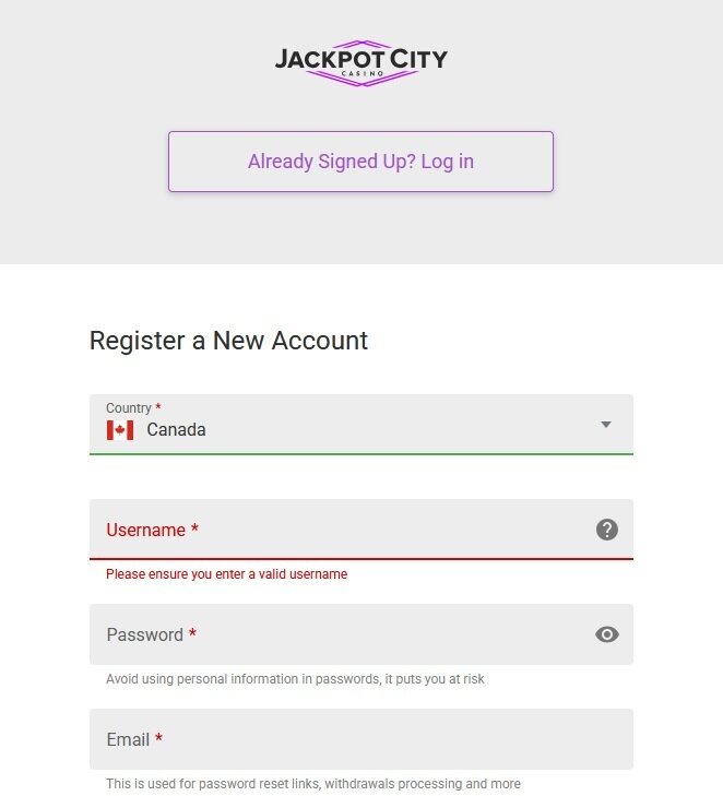 Jackpot City sign up page screenshot