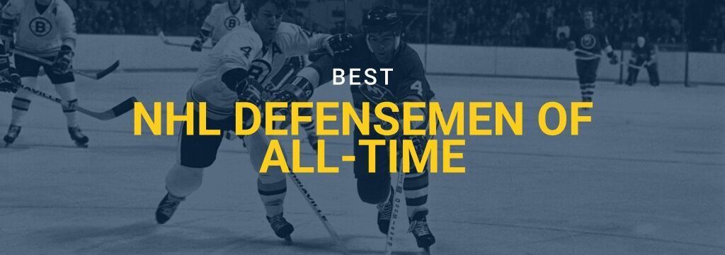 Vintage NHL game action with defensemen battling for the puck, overlaid with “Best NHL Defensemen of All-Time” and GamblingSites.com branding.