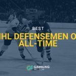 Vintage NHL game action with defensemen battling for the puck, overlaid with “Best NHL Defensemen of All-Time” and GamblingSites.com branding.