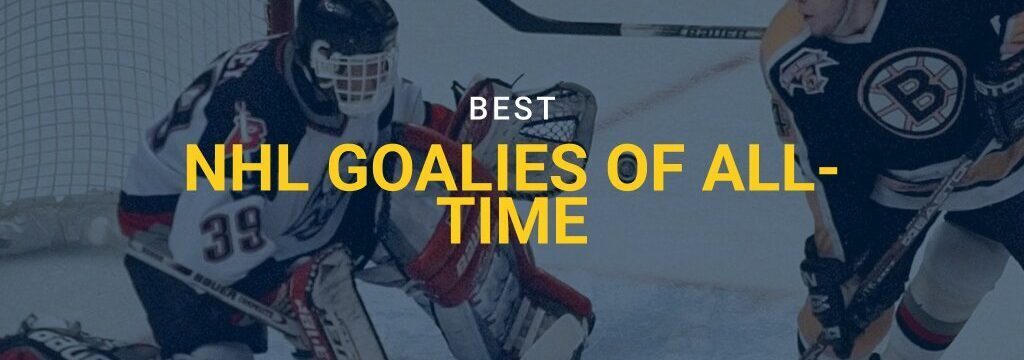 Hockey goalie making a save against an opposing skater during a game, with “Best NHL Goalies of All-Time” text and GamblingSites.com branding overlaid.