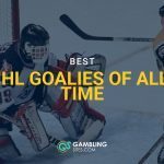 Hockey goalie making a save against an opposing skater during a game, with “Best NHL Goalies of All-Time” text and GamblingSites.com branding overlaid.