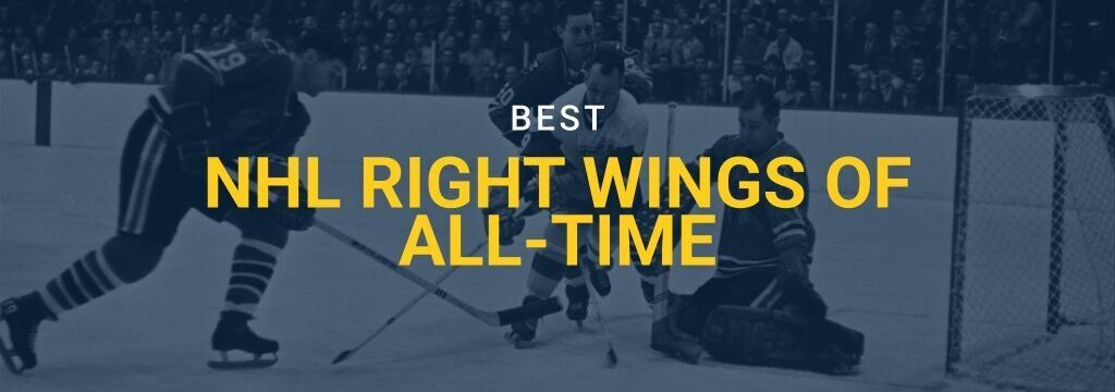 Vintage NHL action near the goal crease, with “Best NHL Right Wings of All-Time” text overlay from GamblingSites.com
