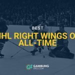 Vintage NHL action near the goal crease, with “Best NHL Right Wings of All-Time” text overlay from GamblingSites.com