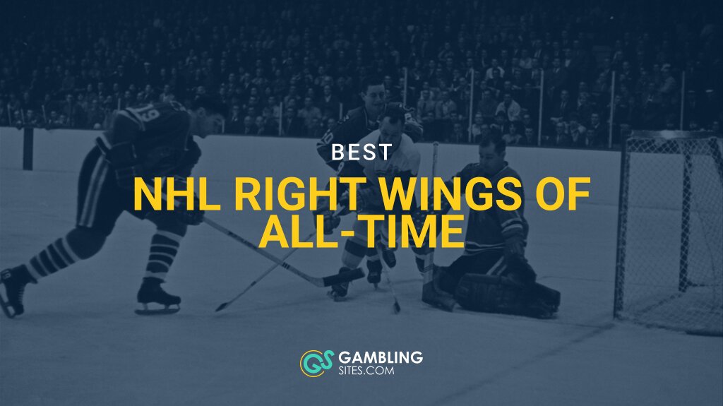 Vintage NHL action near the goal crease, with “Best NHL Right Wings of All-Time” text overlay from GamblingSites.com