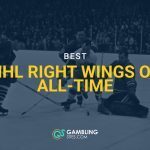 Vintage NHL action near the goal crease, with “Best NHL Right Wings of All-Time” text overlay from GamblingSites.com