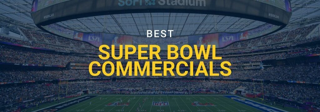 Wide view of SoFi Stadium filled with fans during the Super Bowl, with the text ‘Best Super Bowl Commercials’ displayed over the field and the GamblingSites.com logo at the bottom