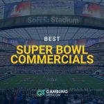 Wide view of SoFi Stadium filled with fans during the Super Bowl, with the text ‘Best Super Bowl Commercials’ displayed over the field and the GamblingSites.com logo at the bottom