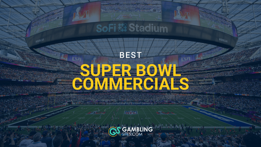 Wide view of SoFi Stadium filled with fans during the Super Bowl, with the text ‘Best Super Bowl Commercials’ displayed over the field and the GamblingSites.com logo at the bottom