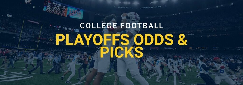 College football players celebrating on the field inside a packed stadium with “College Football Playoffs Odds & Picks” text overlay and GamblingSites.com branding.
