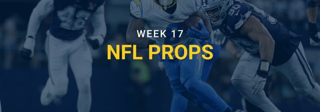 Los Angeles Chargers running back being tackled by Dallas Cowboys defenders with “Week 17 NFL Props” text overlay