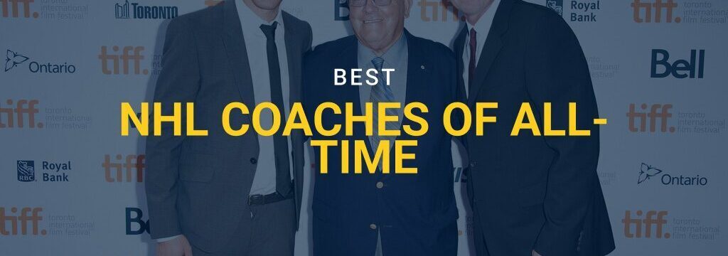 Three men posing together at a red carpet event, with “Best NHL Coaches of All-Time” text and GamblingSites.com branding overlaid.