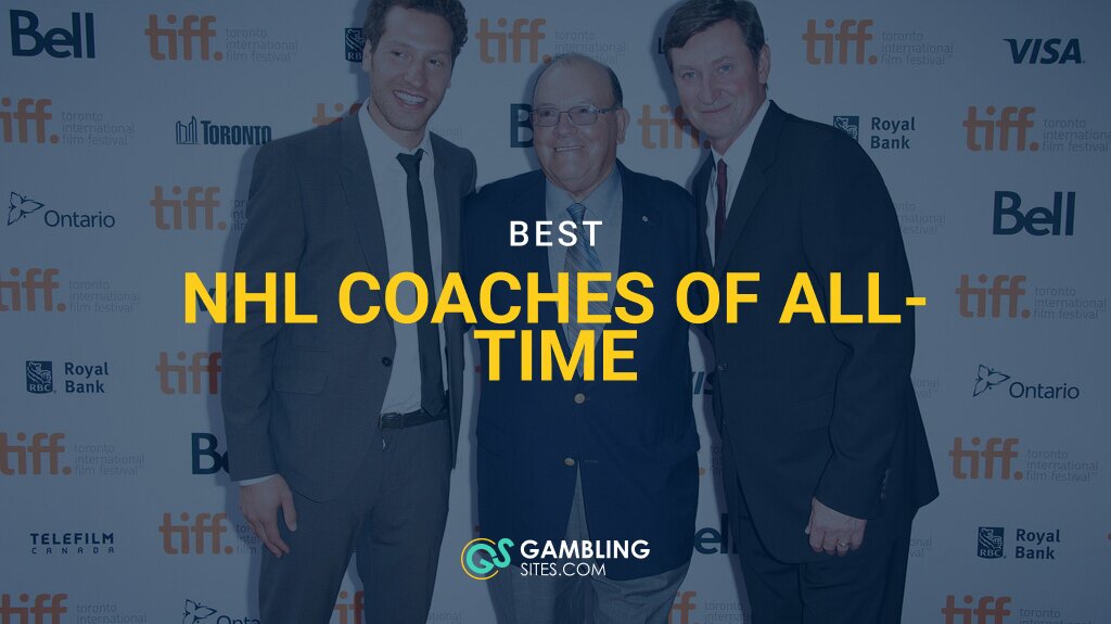 Three men posing together at a red carpet event, with “Best NHL Coaches of All-Time” text and GamblingSites.com branding overlaid.