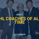 Three men posing together at a red carpet event, with “Best NHL Coaches of All-Time” text and GamblingSites.com branding overlaid.