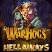 Warhogs Hellaways slot logo, two pigs and text inside of a cavern environment