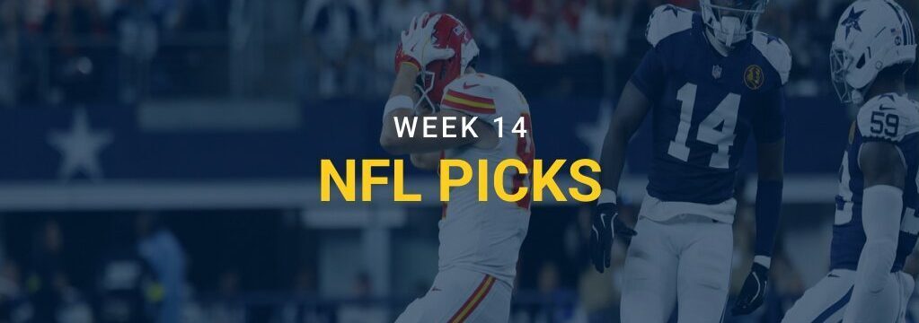 Football players from the Chiefs and Cowboys on the field during an NFL game, with Week 14 NFL Picks text overlay