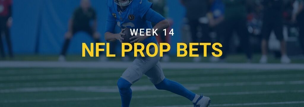 Football quarterback in a blue uniform running with the ball during an NFL game, with text reading “Week 14 NFL Prop Bets” and the GamblingSites.com logo