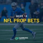 Football quarterback in a blue uniform running with the ball during an NFL game, with text reading “Week 14 NFL Prop Bets” and the GamblingSites.com logo