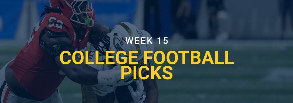 A Georgia Bulldogs defender tackles an opposing player during a college football game, with a Week 15 College Football Picks graphic overlay from GamblingSites.com