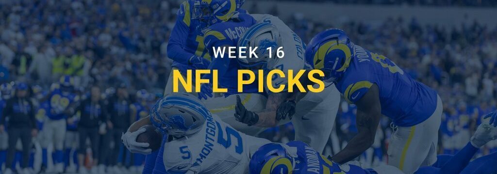 Los Angeles Rams defenders tackle a Detroit Lions ball carrier during an NFL game, with “Week 16 NFL Picks” text overlay from GamblingSites.com