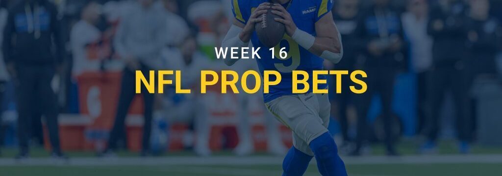 Los Angeles Rams quarterback drops back to pass during an NFL game, with “Week 16 NFL Prop Bets” text overlay and GamblingSites.com branding.