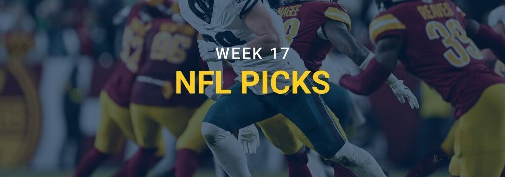 Philadelphia Eagles player running the ball against Washington Commanders defenders with “Week 17 NFL Picks” text overlay