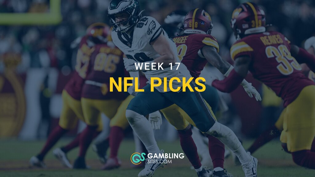 Philadelphia Eagles player running the ball against Washington Commanders defenders with “Week 17 NFL Picks” text overlay