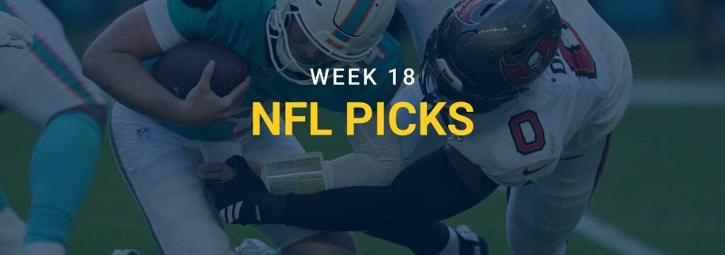 NFL player in a teal Miami Dolphins uniform being tackled by a Tampa Bay Buccaneers defender, with “Week 18 NFL Picks” text and GamblingSites.com branding overlaid.