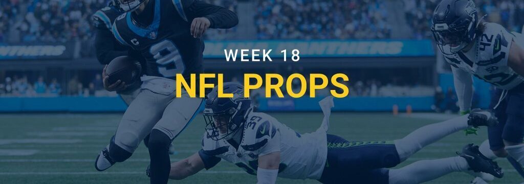 Carolina Panthers quarterback running with the ball as Seattle Seahawks defenders attempt a tackle, with “Week 18 NFL Props” text and GamblingSites.com branding overlaid.
