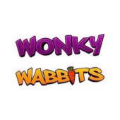 Wonky Wabbits slot logo, purple and orange text on a white background