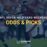 NFL Super Wild Card Weekend promotional image showing an on-field football action shot with “Odds & Picks” text overlay and GamblingSites.com branding.