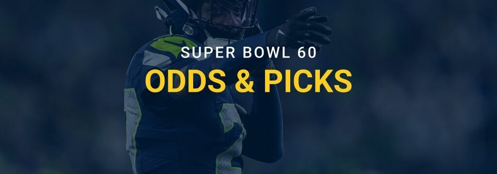 Seattle Seahawks quarterback pointing on the field with “Super Bowl 60 Odds & Picks” text overlay and GamblingSites.com branding.
