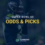 Seattle Seahawks quarterback pointing on the field with “Super Bowl 60 Odds & Picks” text overlay and GamblingSites.com branding.